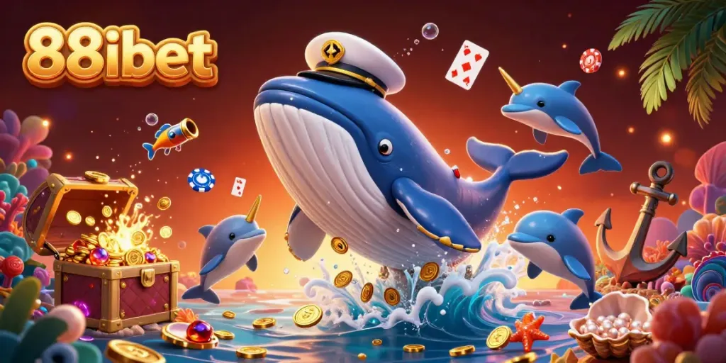Experience excitement with the 88ibet whale breaching in coins, surrounded by playful dolphins and treasure.