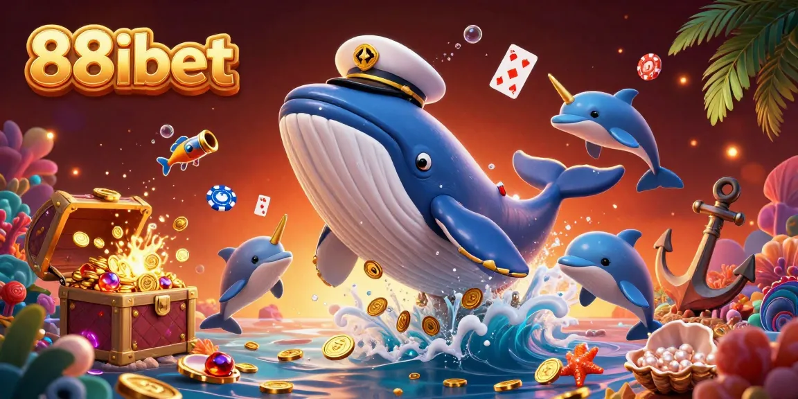 Experience excitement with the 88ibet whale breaching in coins, surrounded by playful dolphins and treasure.