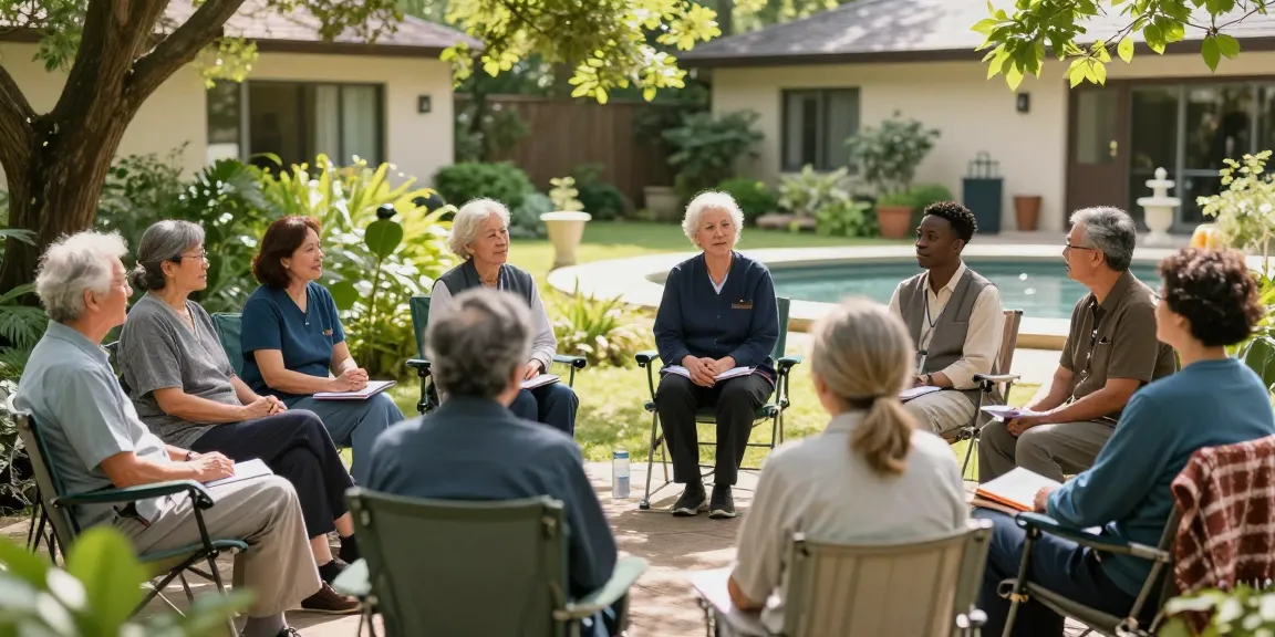 Veteran mental health clinic support session in tranquil outdoor setting fostering healing and community.