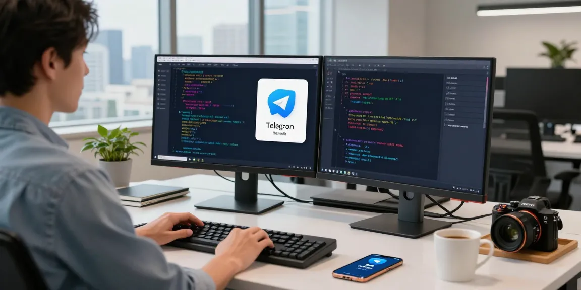 Engaging with Telegram Chinese interface at a modern workspace with dual monitors.