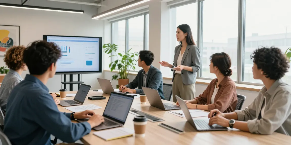 Team collaboration at the WPS Official Website office, showcasing a dynamic workspace with professionals engaged in discussion and data presentation.